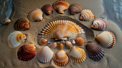 Circular Pattern of Variegated Seashells on Sandy Beach at Dusk