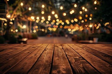 Brown wooden floor or terrace with night festival lights blurred background space for product...
