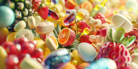 Colorful fruits, candies and medicines.