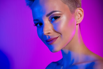 Close up photo of model woman no clothes show her bright vibrant makeover shimmer highlighter...