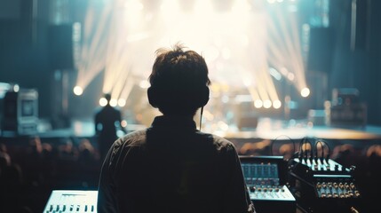 Blur image of sound engineer backstage crew team working