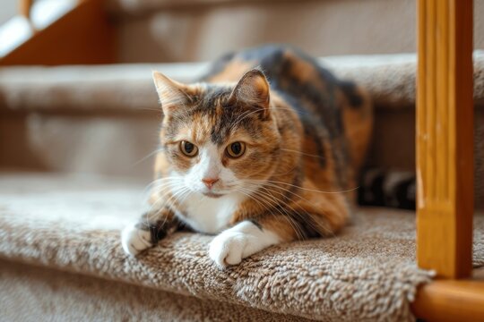 Calico cat scratching nails inside house damaging carpeted stairs