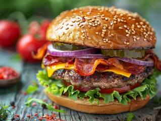 Delicious burger with bacon, cucumbers, lettuce, cheese, onion and tomatoes