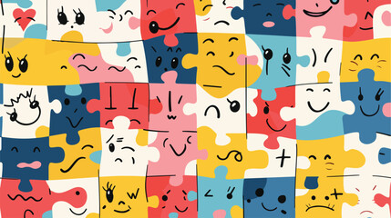Faces on puzzle pieces seamless pattern design. Cute - obrazy, fototapety, plakaty
