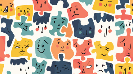 Faces on puzzle pieces seamless pattern design. Cute