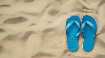 Fototapeta na wymiar Horizontal AI illustration blue flip-flops on sandy beach texture. Lifestyle concept.