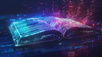 A book is open to a page with a blue background and a blue font. The book appears to be a computer book or a book about technology - obrazy, fototapety, plakaty