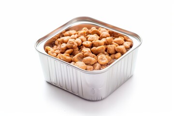 Canned pet food for cats and dogs in metal packaging on white background