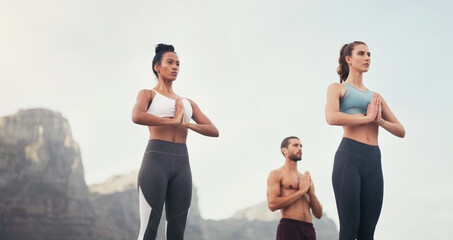 Yoga, namaste and group outdoor for fitness, mindfulness and peace on sky mockup space. Prayer...