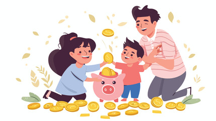 Family saving money. Thrifty couple putting collecting