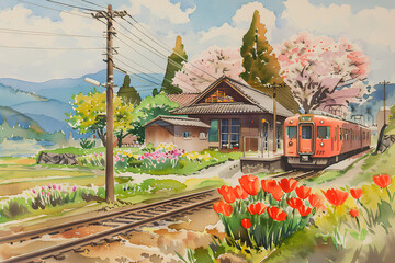 田園地帯を走る電車の風景（水彩画）