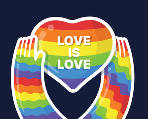 Hands hold Rainbow pride heart sign with LOVE IS LOVE text on dark blue background vector design - 788009874