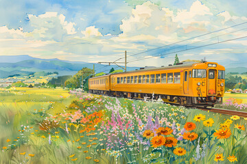 田園地帯を走る電車の風景（水彩画） - obrazy, fototapety, plakaty