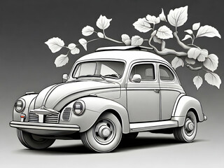 vintage car with flowers illustration, design, isolated, Ai generative 