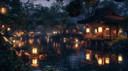 Obraz premium A serene Japanese garden at night, with lanterns illuminating the water and intricate stone bridges over tranquil pools of koi pond, surrounded by lush greenery and traditional wooden 