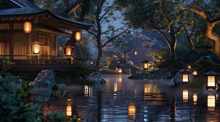 Fototapeta premium A serene Japanese garden at night, with lanterns illuminating the water and intricate stone bridges over tranquil pools of koi pond, surrounded by lush greenery and traditional wooden 