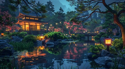 A serene Japanese garden at night, with lanterns illuminating the water and intricate stone bridges...