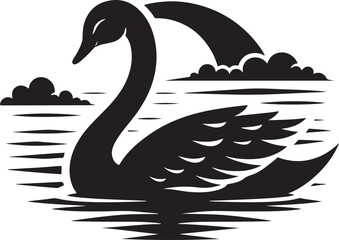 Black silhouette swan largest flying bird swim on water cartoon animal design flat vector illustration