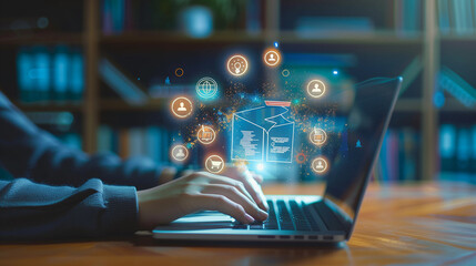 A person is typing on a laptop with a brain on the screen. The laptop is open to a page with a brain image