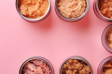 Cat food in open jars on pink background Closeup of canned pet feed Meat and pate for domestic carnivores Concept of cat food Top view - obrazy, fototapety, plakaty