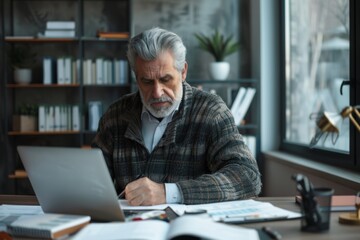 serious businessman behind paper work in office, gray-haired investor signing documents, man working in modern office with accounts and laptop, gray-haired and mature, Generative AI