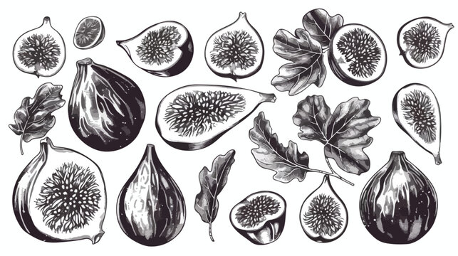 Fig tree fruits black ink illustrations set. Hand drawn