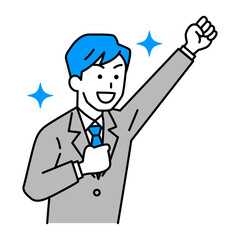 ガッツポーズで喜ぶスーツの男性