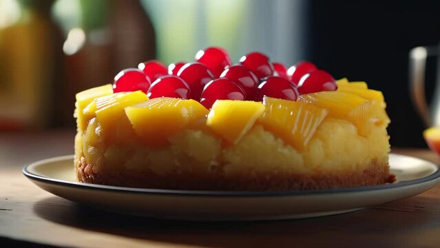 Delicious homemade pineapple upside down cake decorated with cherries over blurred home interior background