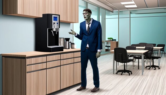 A zombie in an office is trying to figure out how to use the coffee machine.