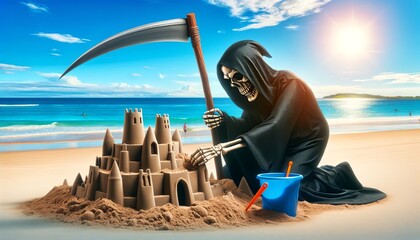 The Grim Reaper is building a sandcastle on the beach. - obrazy, fototapety, plakaty