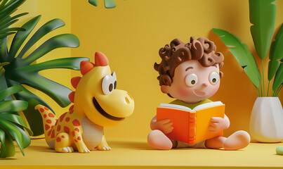 Happy 3d boy with a book and dinosaur. Yellow background.