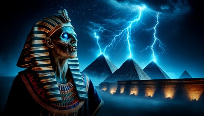 Anubis, the Egyptian god of the dead, stands before the pyramids of Giza. - obrazy, fototapety, plakaty