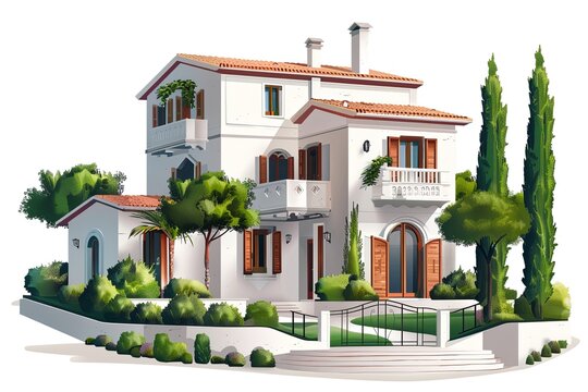 A beautiful illustration of a two-story house with a red tile roof, white walls, and green shutters. The house is surrounded by trees and shrubs, and there is a fence and gate in front.