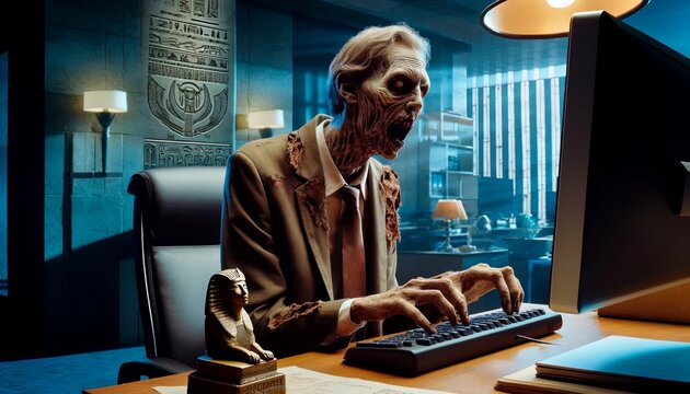 A zombie wearing a suit and tie is working at a computer in an office.