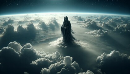Astral being made of dark energy floating above the clouds