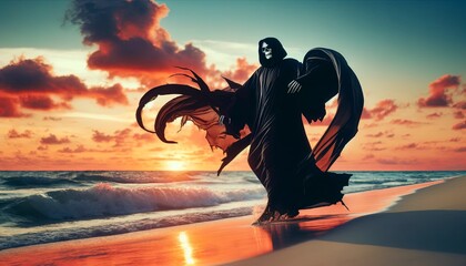 Grim Reaper walking on the beach at sunset - obrazy, fototapety, plakaty