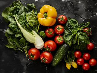 Fresh summer vegetables flatlay on green background. Salad romano, tomatoes, yellow pepper, basil, arugola, cucumber.