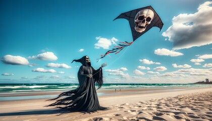the grim reaper is flying a kite on the beach