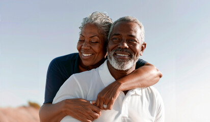 An older man and woman smiling and hugging, showing affection and happiness