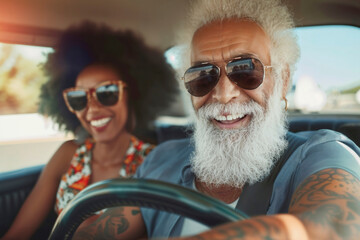 Fashionable older man with tattoos driving a car, with a woman passenger, both smiling