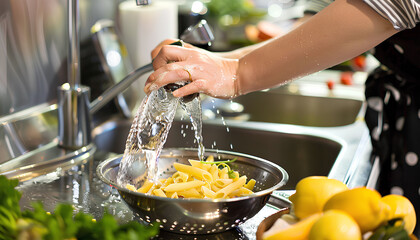 Woman pouring water from boiled pasta into colander in sink - obrazy, fototapety, plakaty