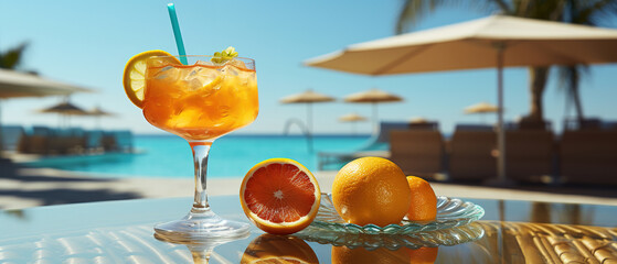 an orange juice cocktail oatg the pool,  summer holiday theme, with empty copy space