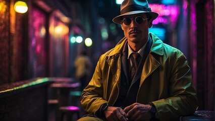 A man wearing a hat and trench coat is sitting in a dark room.