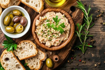 Chicken pate rillette toast olives and herbs on a wooden board seen from above - obrazy, fototapety, plakaty