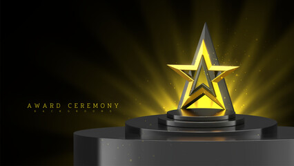 Golden Star Trophy on Podium with Radiant Lights.