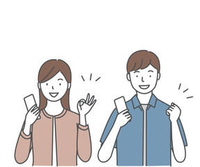 スマートフォンを持つ笑顔の若い男性と女性