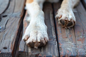 Close up image of a homeless dog s paw resting on a wooden surface