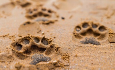 Close up of dog paw prints on sand