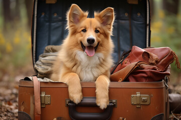 Generative ai of a traveling dog and many luggage.  - 788015049