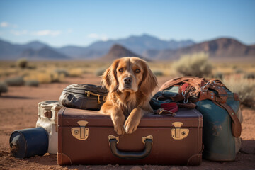 Generative ai of a traveling dog and many luggage.  - 788015059